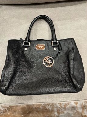 Michael Kors Black Pebbled Leather Satchel with MK Charm